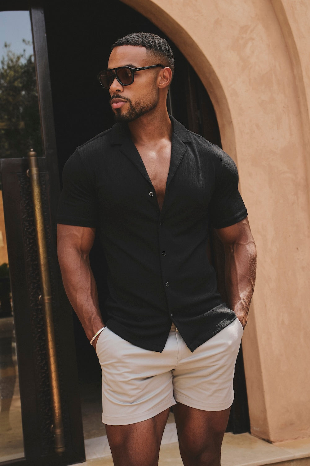 Textured Cuban Collar Shirt in Black