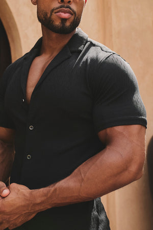 Textured Cuban Collar Shirt in Black