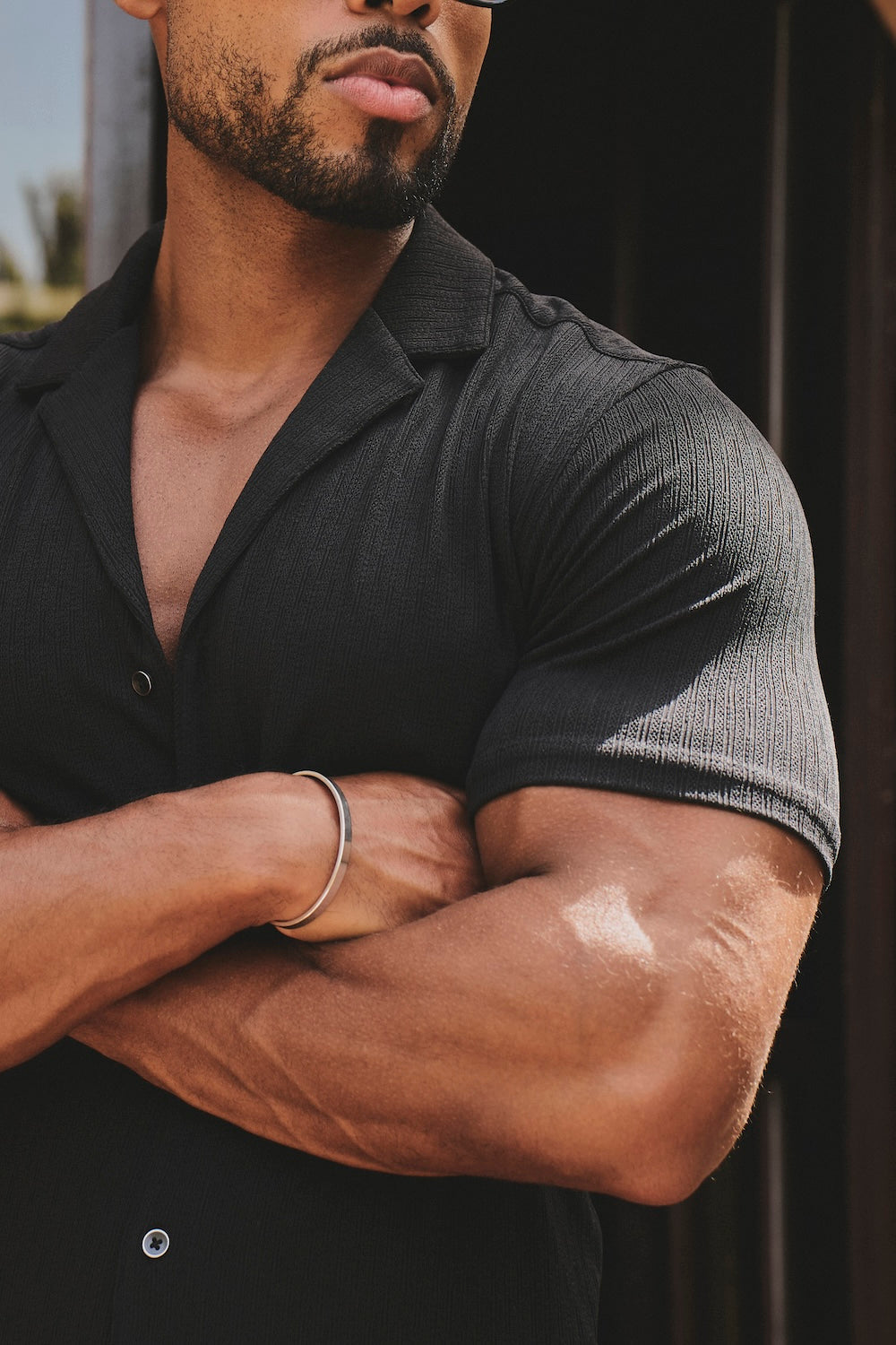 Textured Cuban Collar Shirt in Black