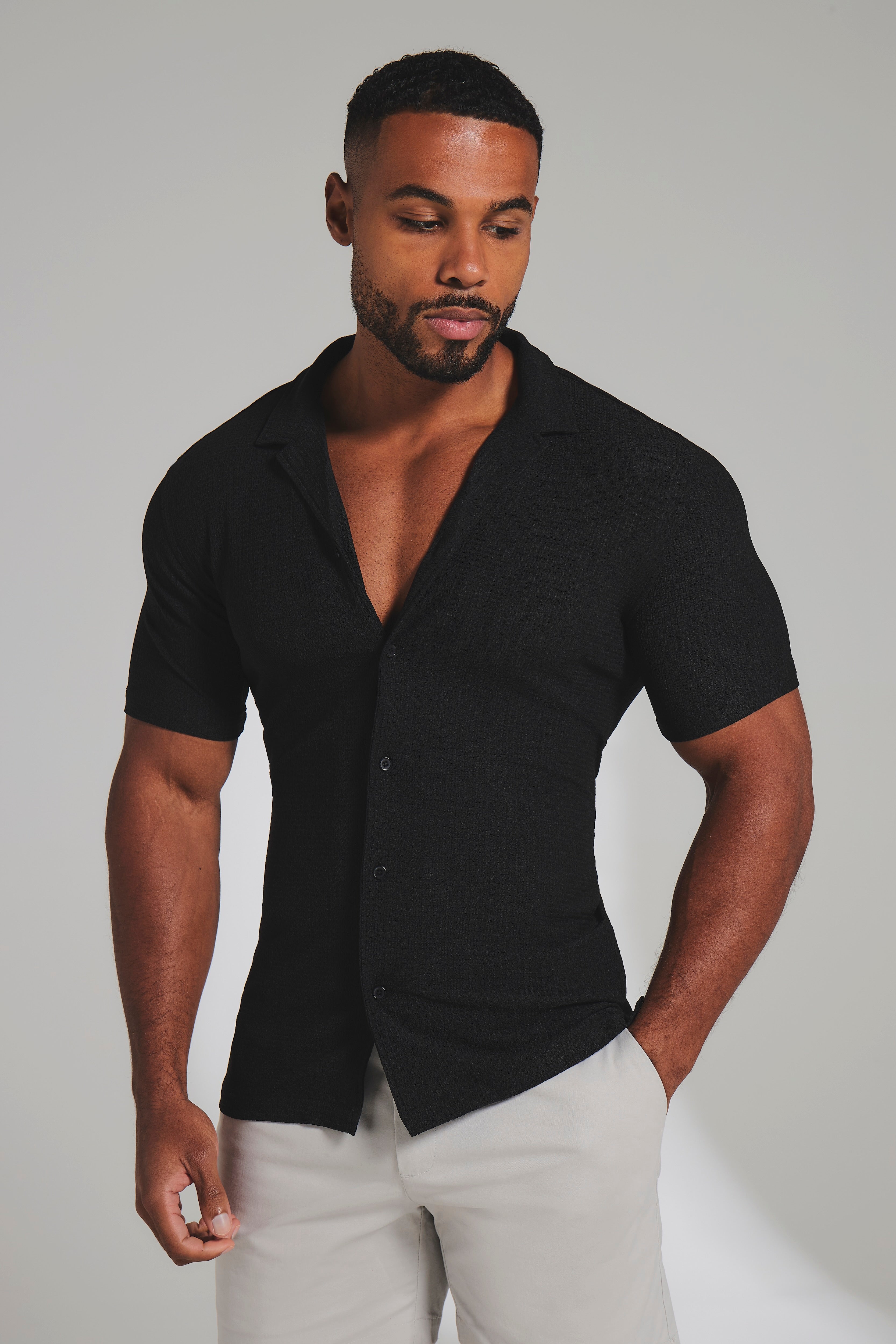 Textured Cuban Collar Shirt in Black
