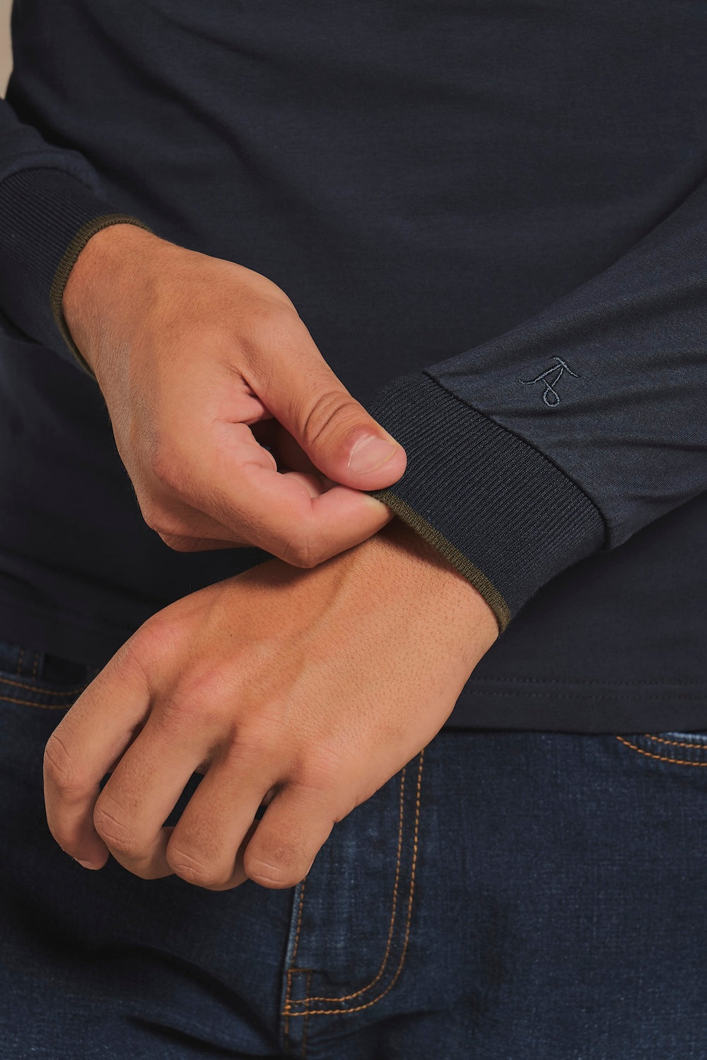 Tipped Long Sleeve T-Shirt in Navy with Khaki Tipping