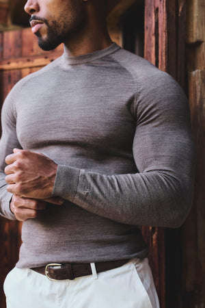 Extra Fine Merino Wool Crew Neck Jumper in Mocha Marl