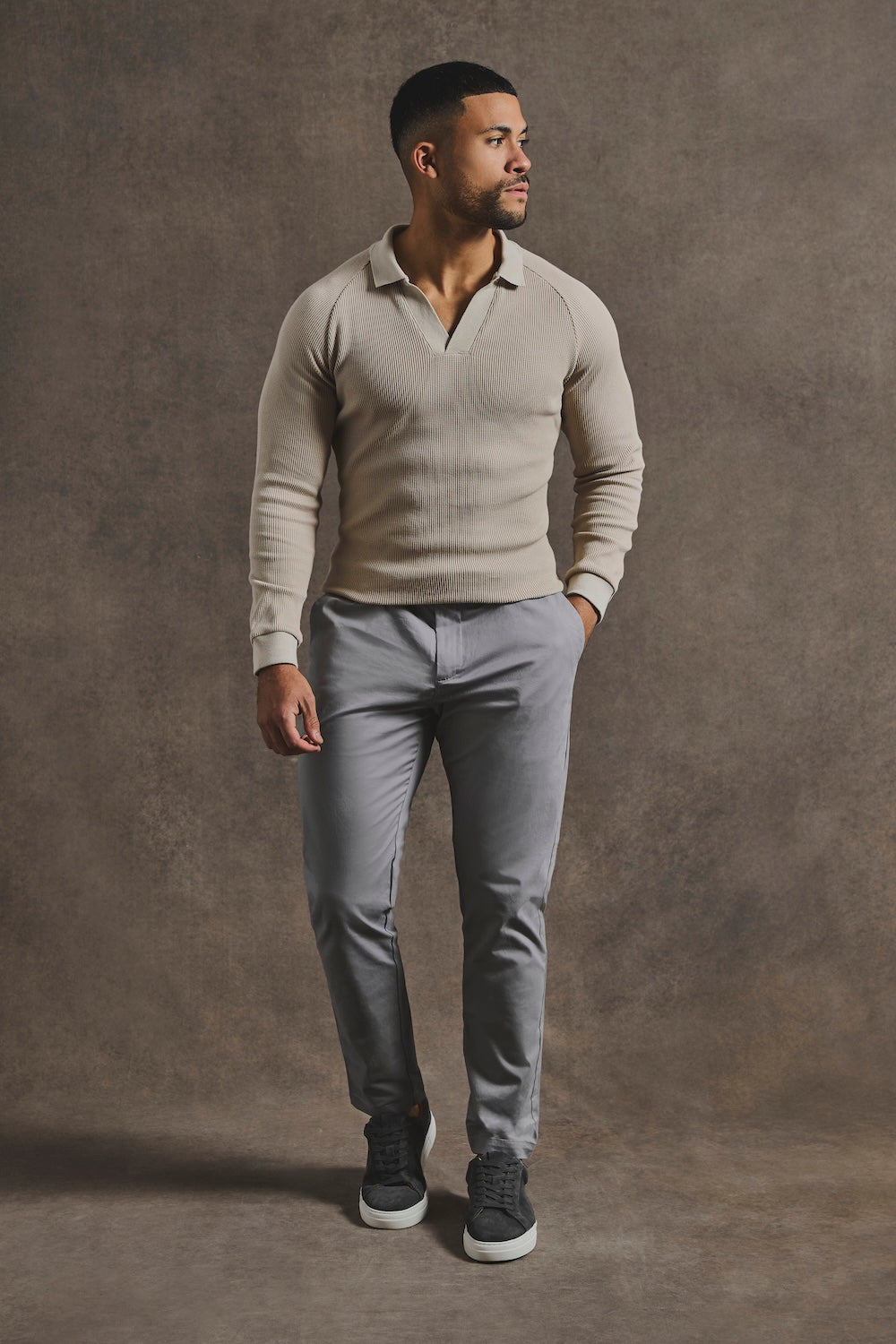 Textured Buttonless Polo Shirt in Stone