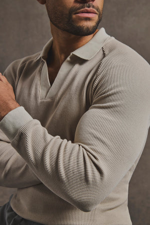 Textured Buttonless Polo Shirt in Stone