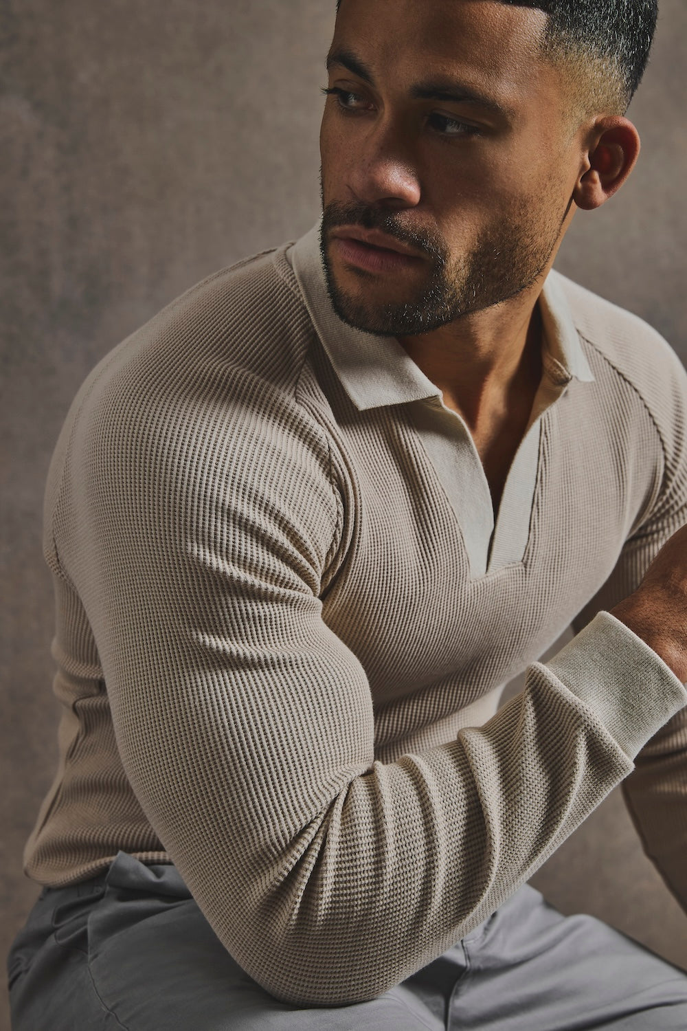 Textured Buttonless Polo Shirt in Stone