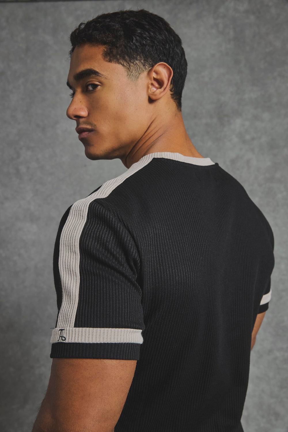 Textured Colour Blocked T-Shirt in Black and Stone