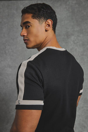 Textured Colour Blocked T-Shirt in Black and Stone