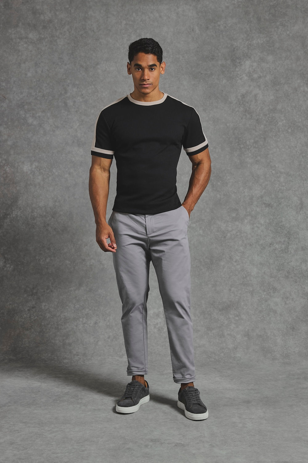 Textured Colour Blocked T-Shirt in Black and Stone