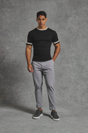 Textured Colour Blocked T-Shirt in Black and Stone