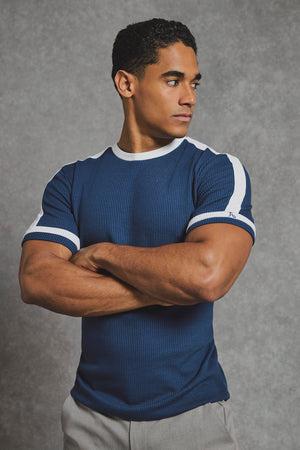 Textured Colour Blocked T-Shirt in Navy and White