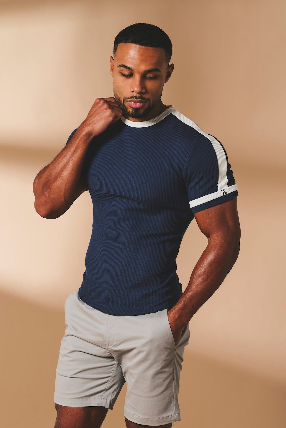Textured Colour Blocked T-Shirt in Navy and White