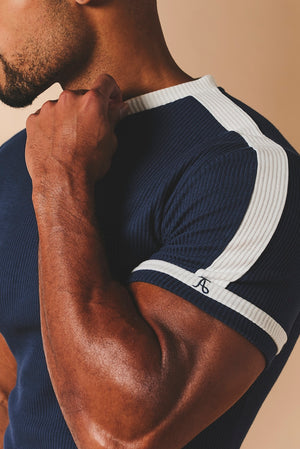 Textured Colour Blocked T-Shirt in Navy and White