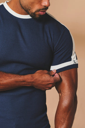 Textured Colour Blocked T-Shirt in Navy and White