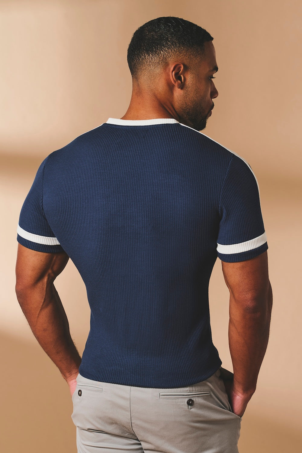 Textured Colour Blocked T-Shirt in Navy and White