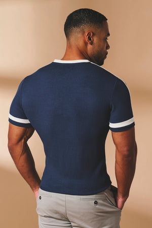 Textured Colour Blocked T-Shirt in Navy and White