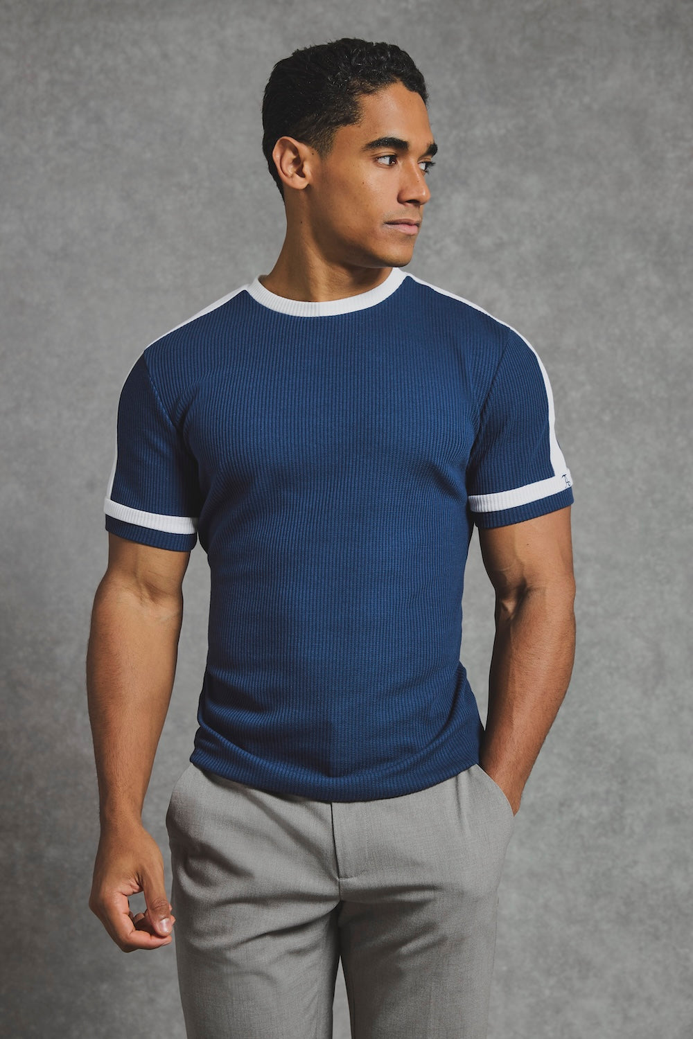 Textured Colour Blocked T-Shirt in Navy and White