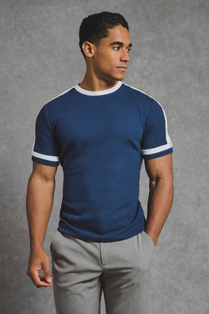 Textured Colour Blocked T-Shirt in Navy and White