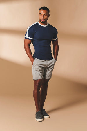 Textured Colour Blocked T-Shirt in Navy and White