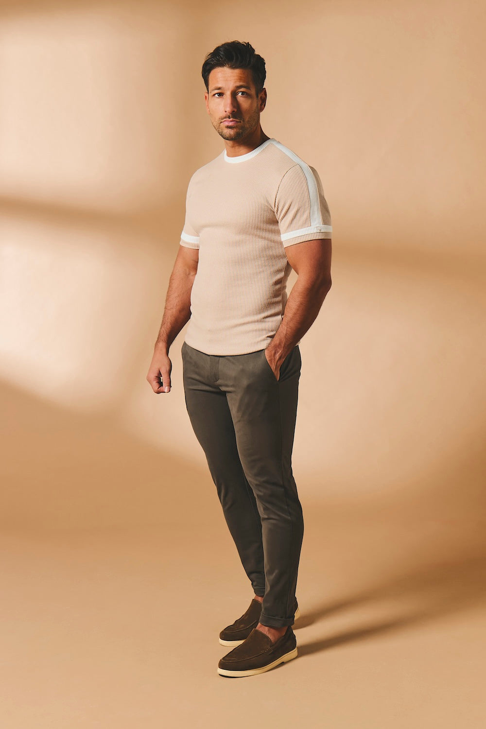 Textured Colour Blocked T-Shirt in Stone and White