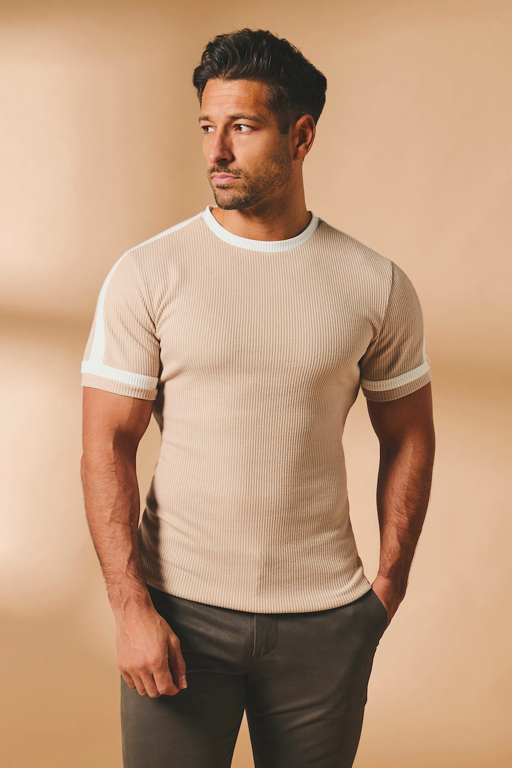 Textured Colour Blocked T-Shirt in Stone and White