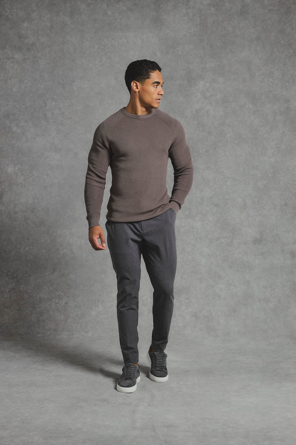 Pure Cotton Knitted Textured Crew Neck Jumper in Truffle