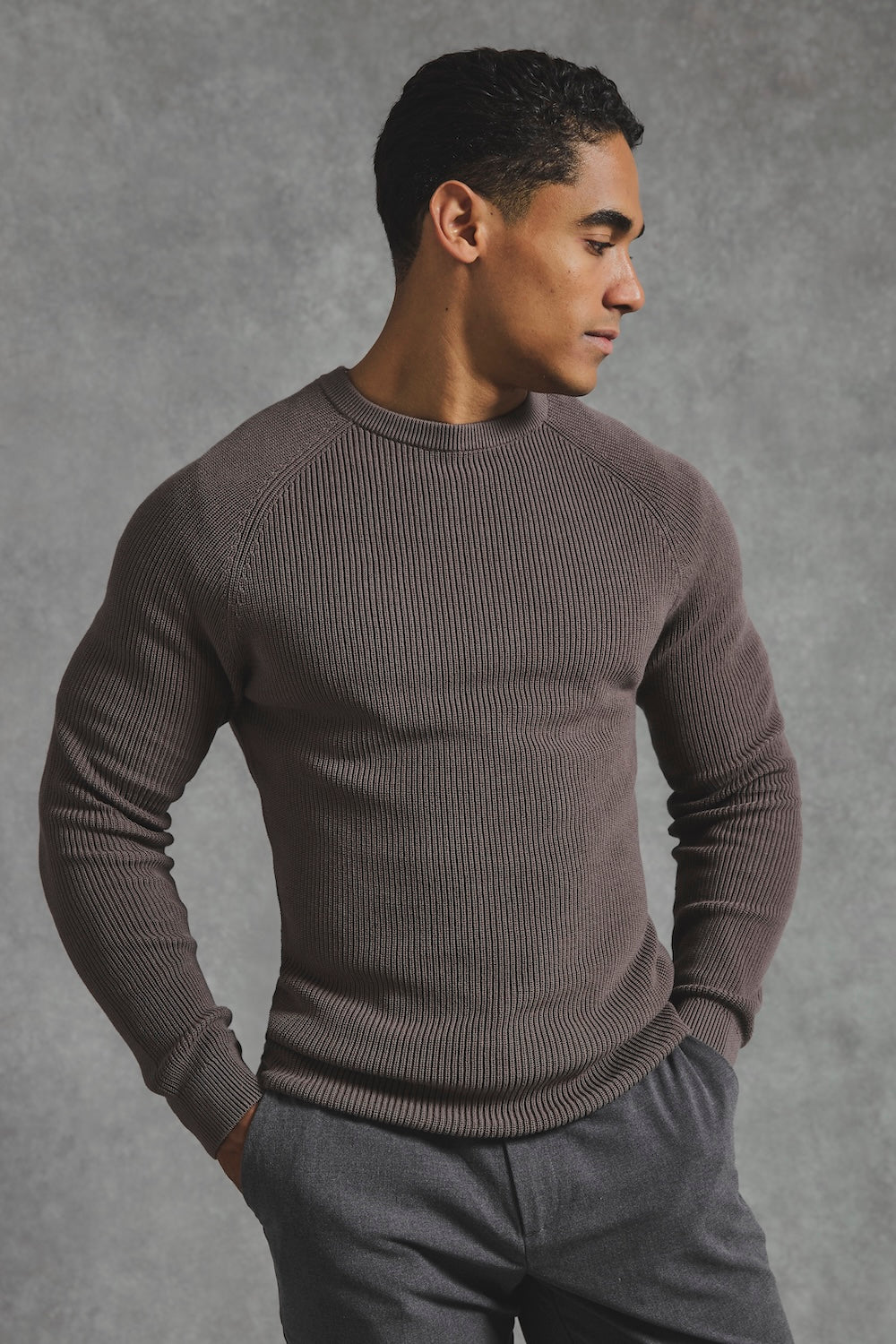 Pure Cotton Knitted Textured Crew Neck Jumper in Truffle