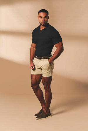 Textured Knitted Open Collar Polo Shirt in Black