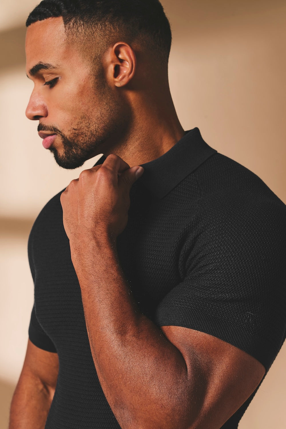 Textured Knitted Open Collar Polo Shirt in Black
