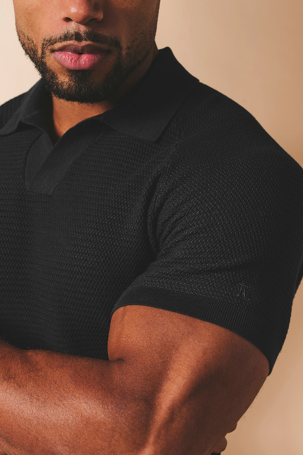 Textured Knitted Open Collar Polo Shirt in Black