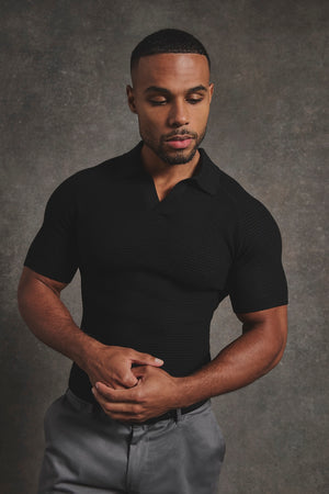 Textured Knitted Open Collar Polo Shirt in Black