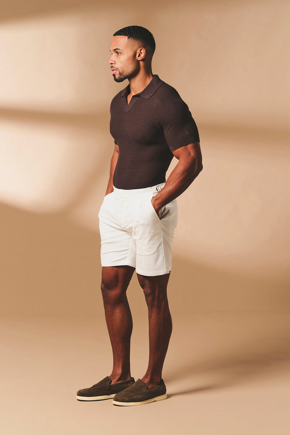 Textured Knitted Open Collar Polo Shirt in Chocolate