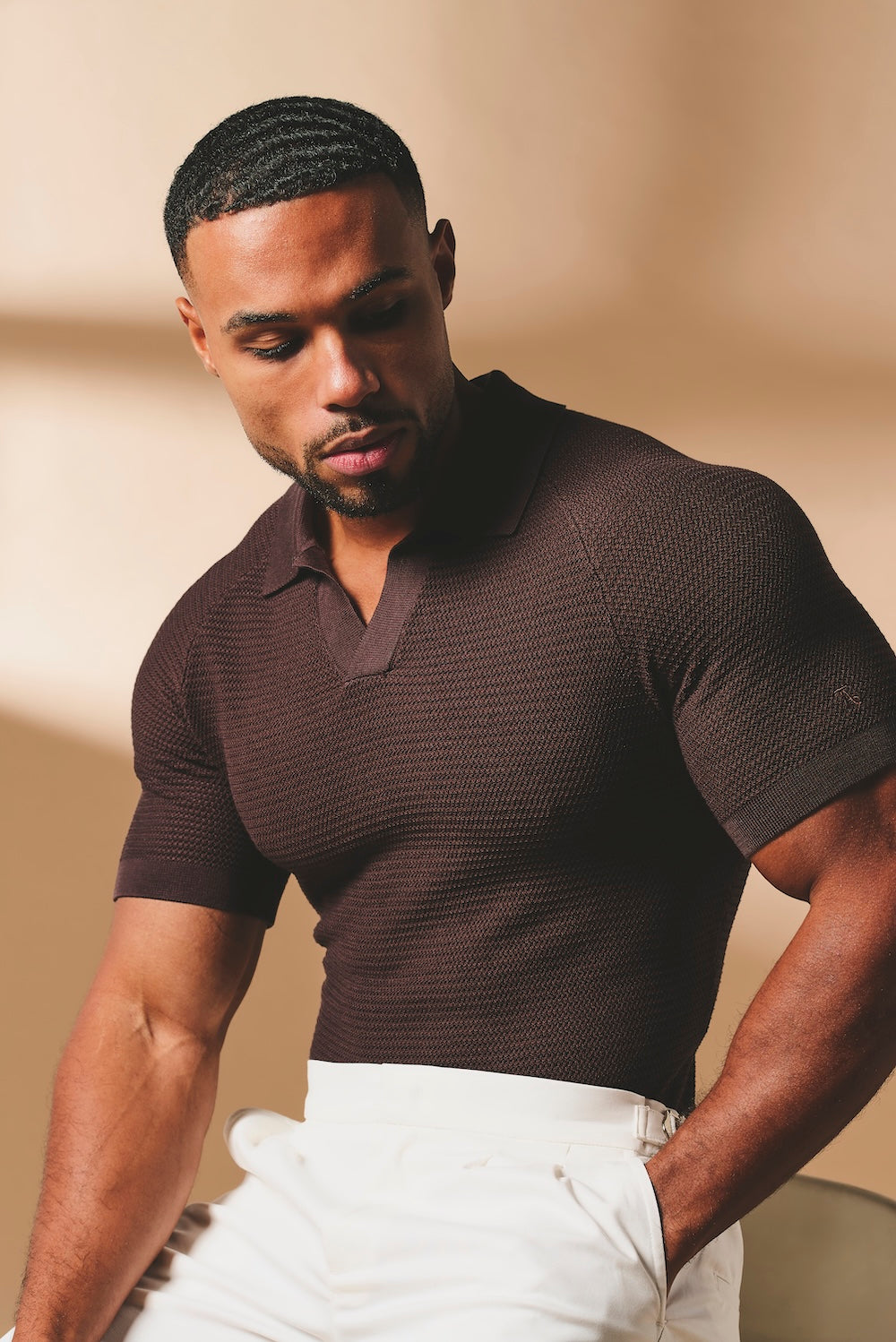 Textured Knitted Open Collar Polo Shirt in Chocolate
