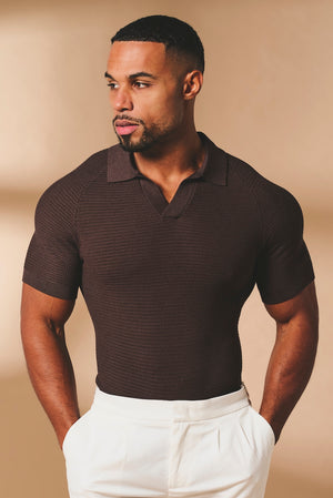 Textured Knitted Open Collar Polo Shirt in Chocolate