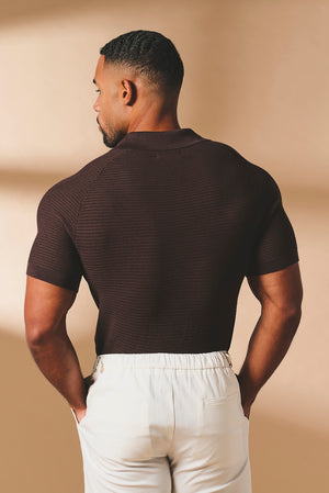 Textured Knitted Open Collar Polo Shirt in Chocolate