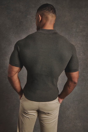 Textured Knitted Open Collar Polo Shirt in Dark Olive
