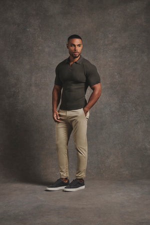 Textured Knitted Open Collar Polo Shirt in Dark Olive