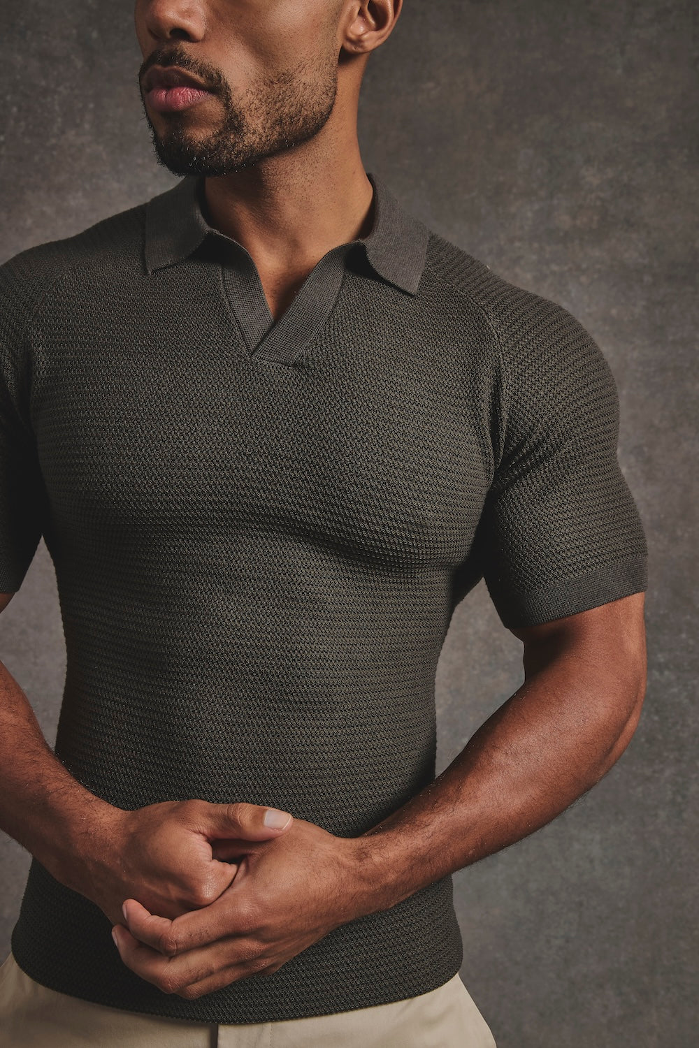 Textured Knitted Open Collar Polo Shirt in Dark Olive