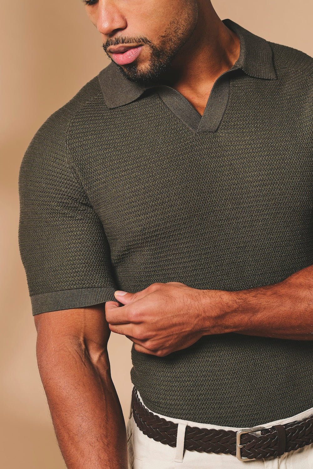 Textured Knitted Open Collar Polo Shirt in Dark Olive