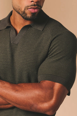 Textured Knitted Open Collar Polo Shirt in Dark Olive