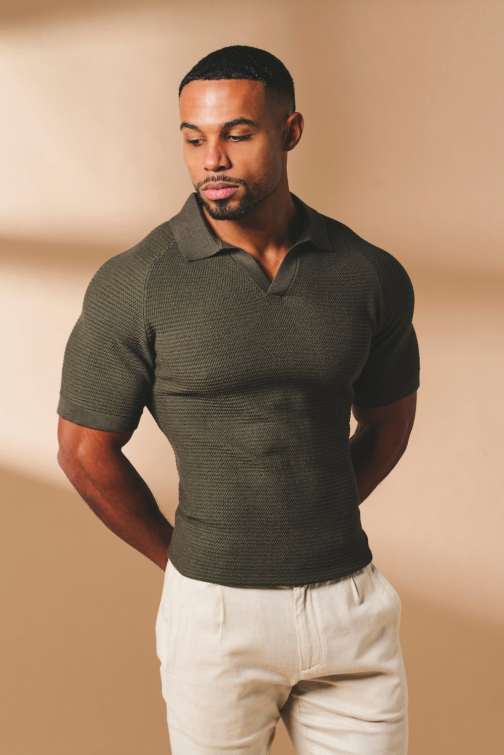 Textured Knitted Open Collar Polo Shirt in Dark Olive