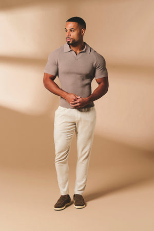 Textured Knitted Open Collar Polo Shirt in Mink