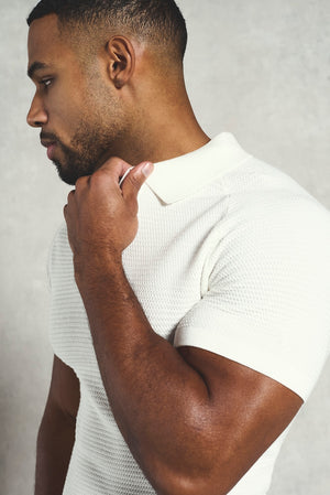 Textured Knitted Open Collar Polo Shirt in Off White