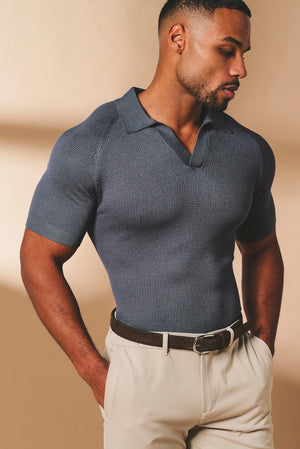 Square Textured Knitted Open Collar Polo Shirt in Slate Blue