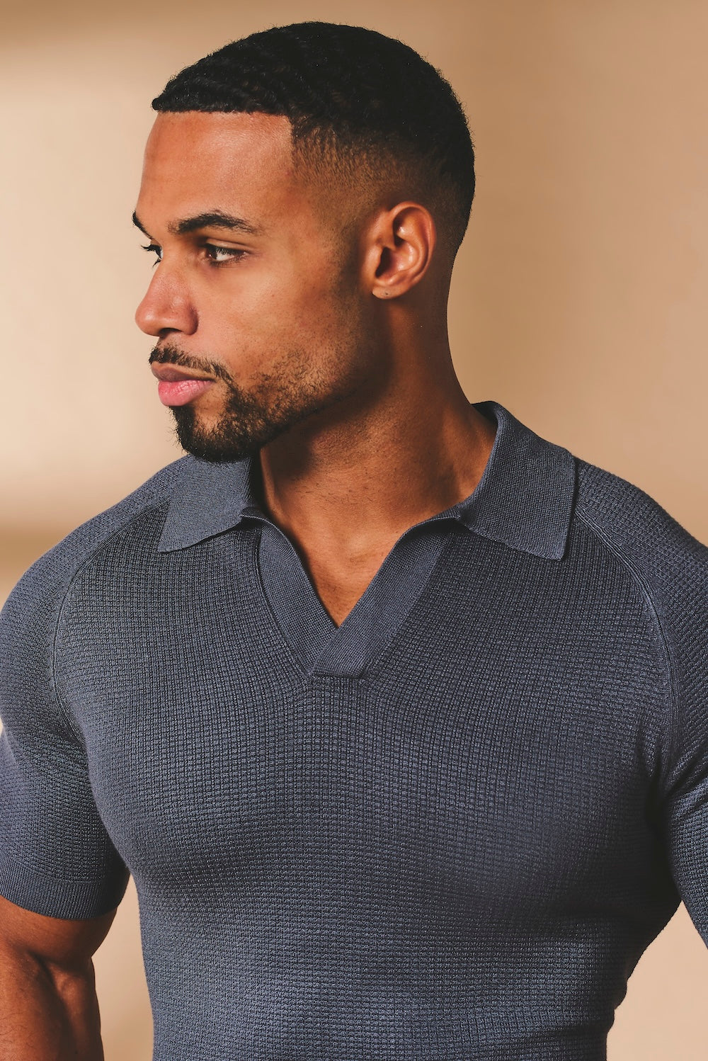 Square Textured Knitted Open Collar Polo Shirt in Slate Blue