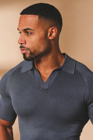 Square Textured Knitted Open Collar Polo Shirt in Slate Blue