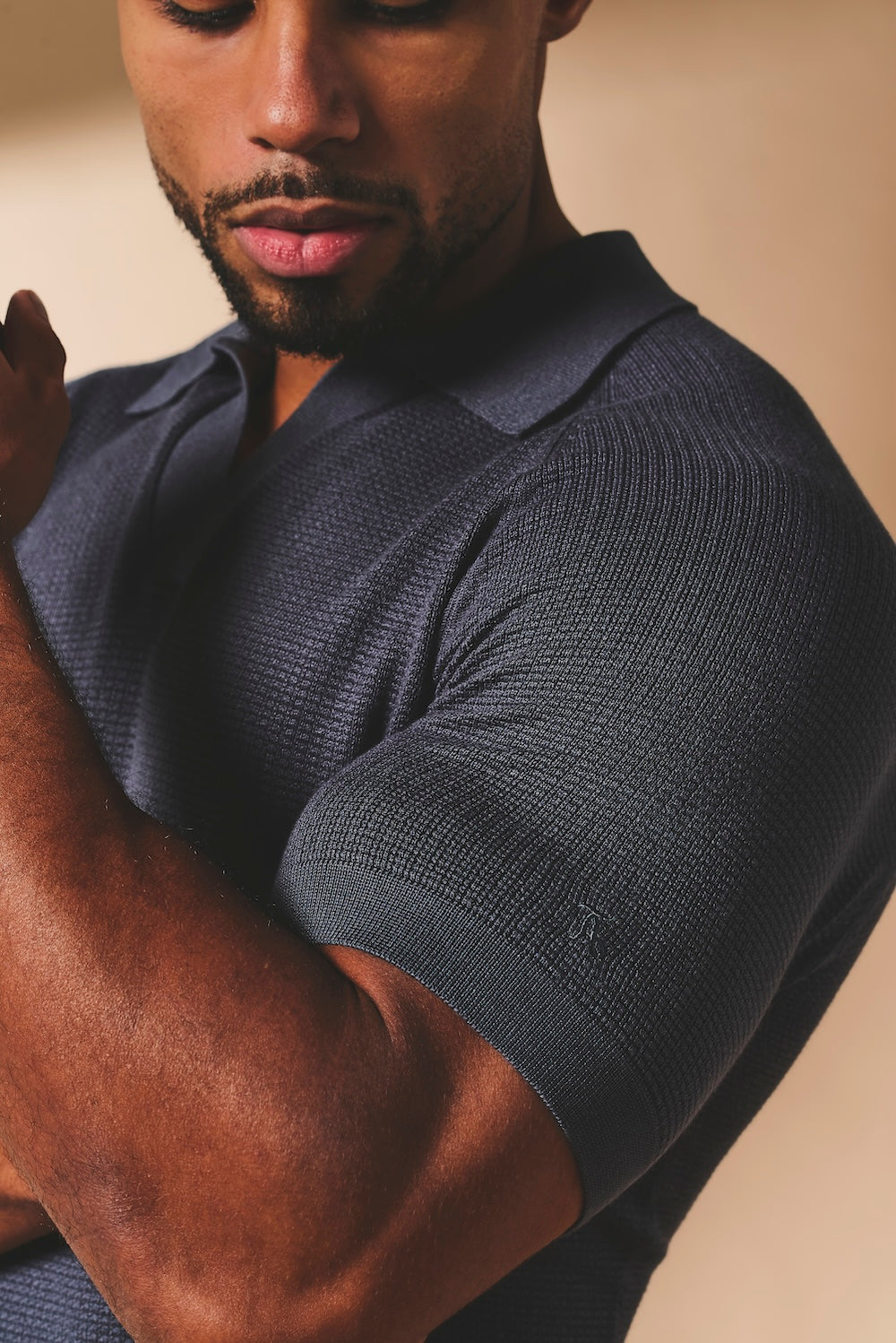 Square Textured Knitted Open Collar Polo Shirt in Slate Blue