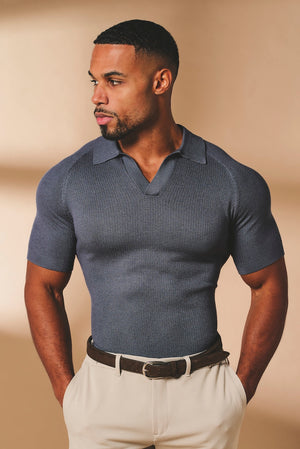 Square Textured Knitted Open Collar Polo Shirt in Slate Blue