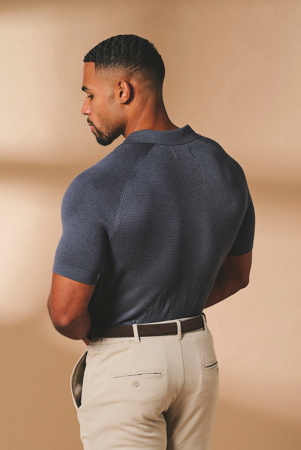 Square Textured Knitted Open Collar Polo Shirt in Slate Blue