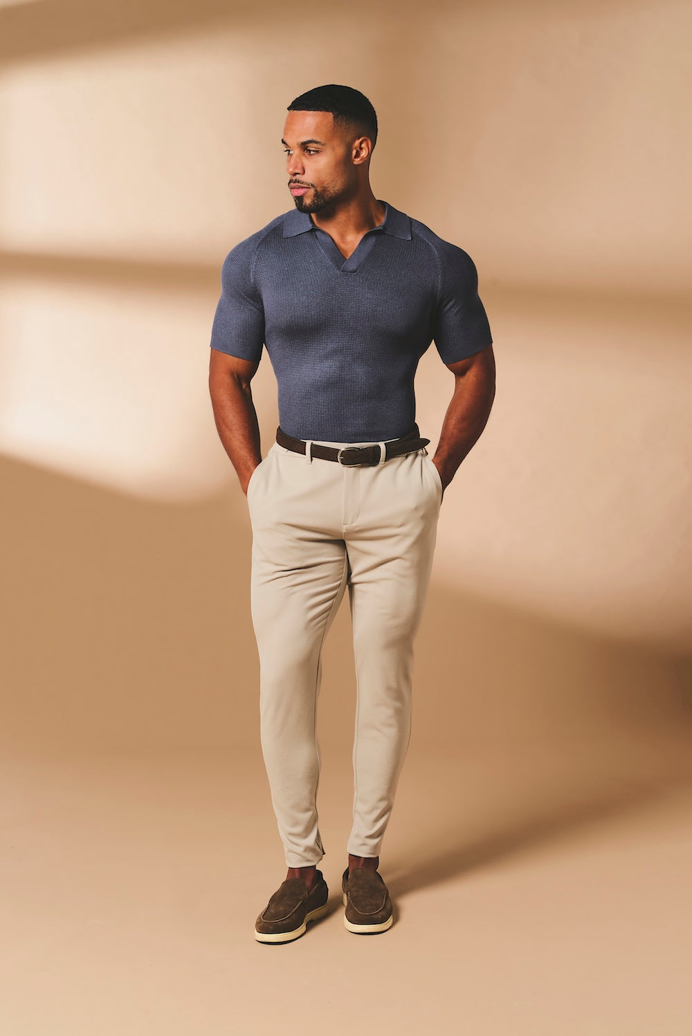 Square Textured Knitted Open Collar Polo Shirt in Slate Blue