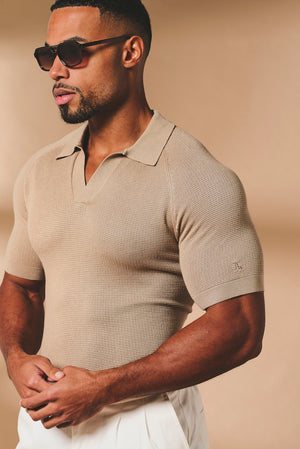 Textured Knitted Open Collar Polo Shirt in Stone